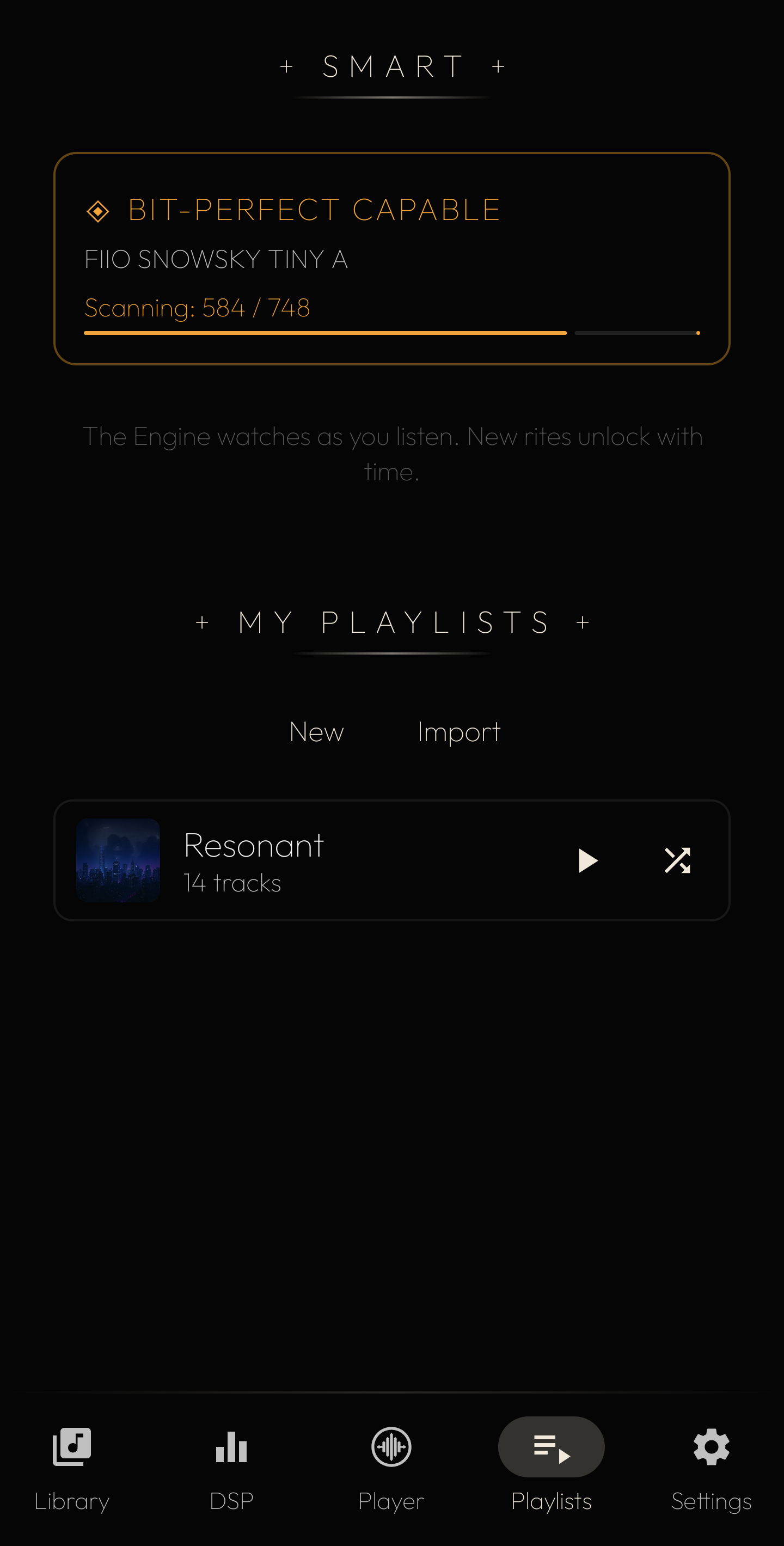 The Smart Playlists surface — the Engine watches as the listener listens, new rites unlock with time