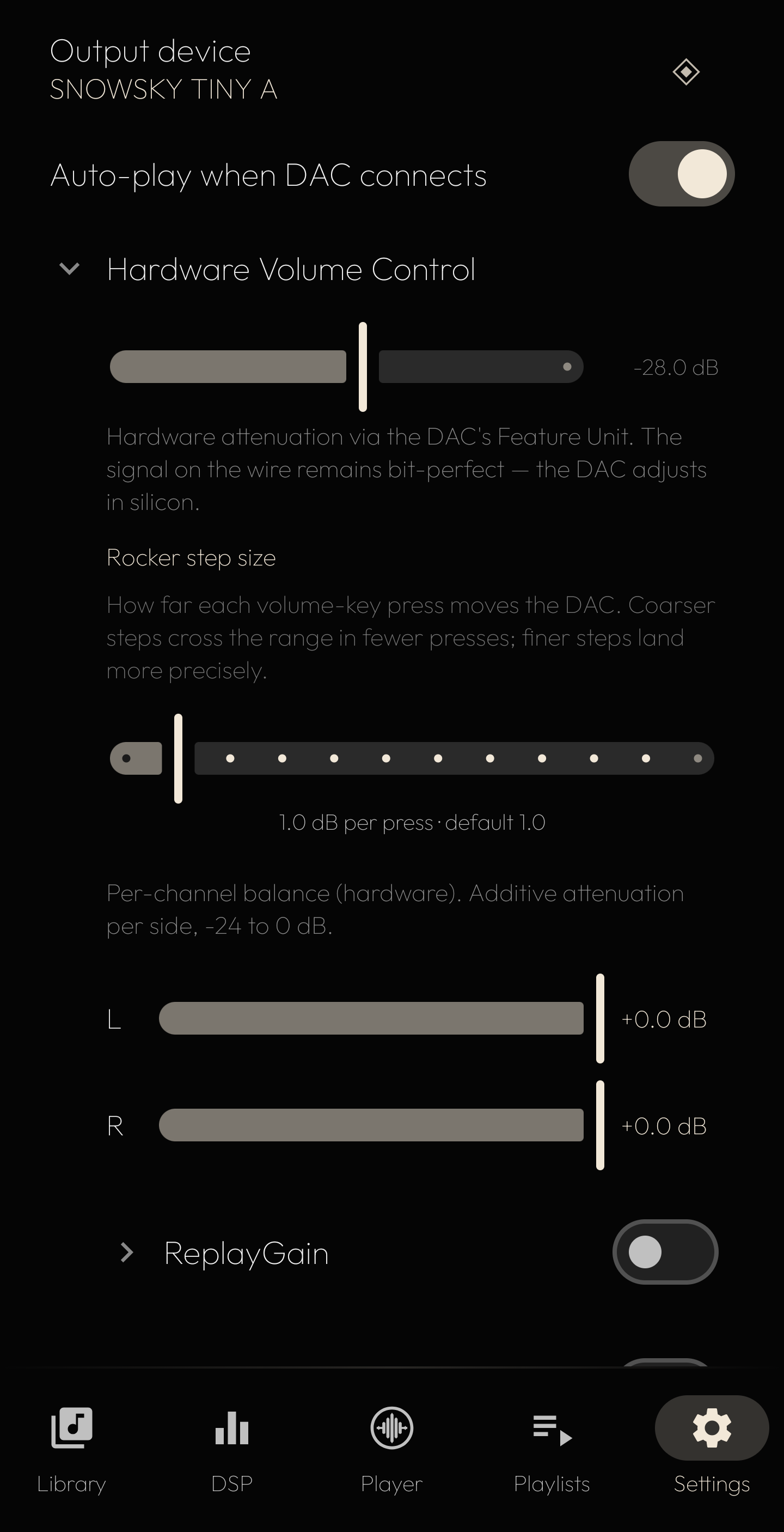 Hardware Volume Control on a connected DAC — hardware attenuation at −28.0 dB via the DAC's Feature Unit, rocker step size, and channel balance performed by the DAC