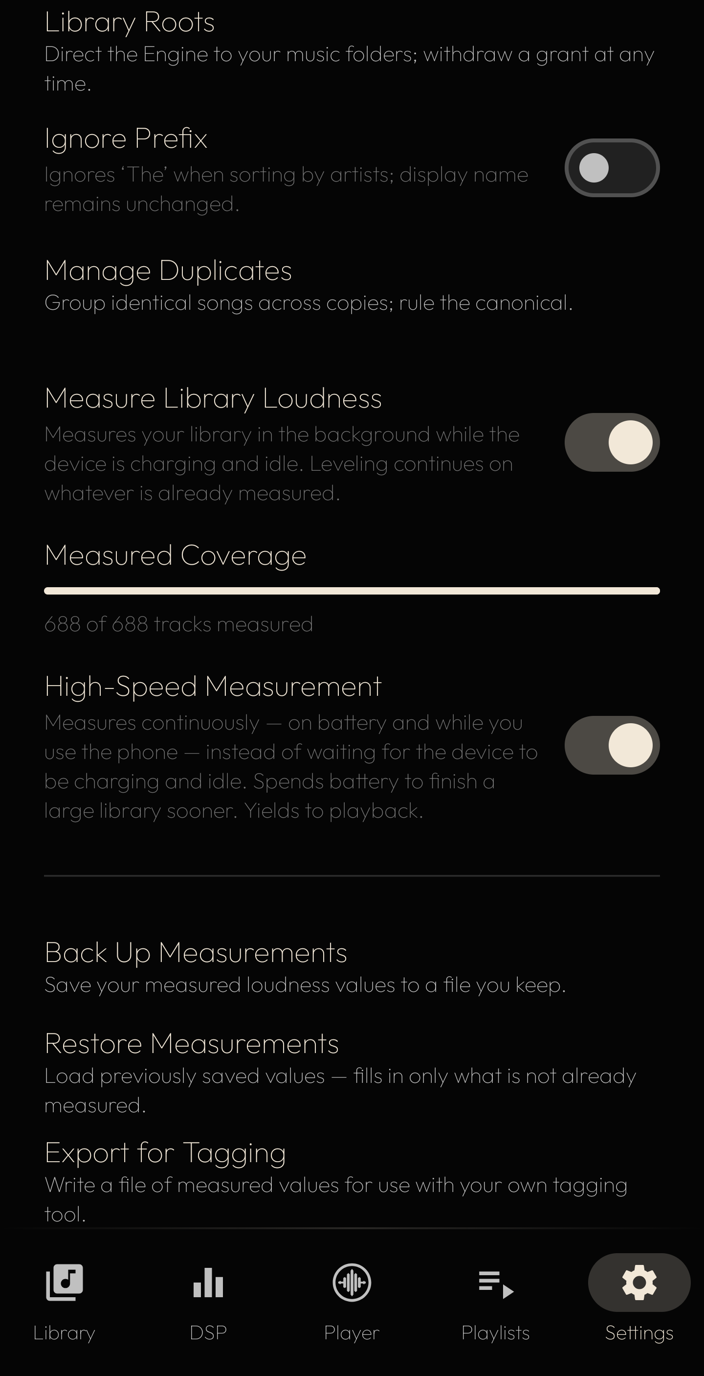 Library loudness measurement — measured coverage at 688 of 688 tracks, high-speed measurement, and backup, restore and export of the measured values