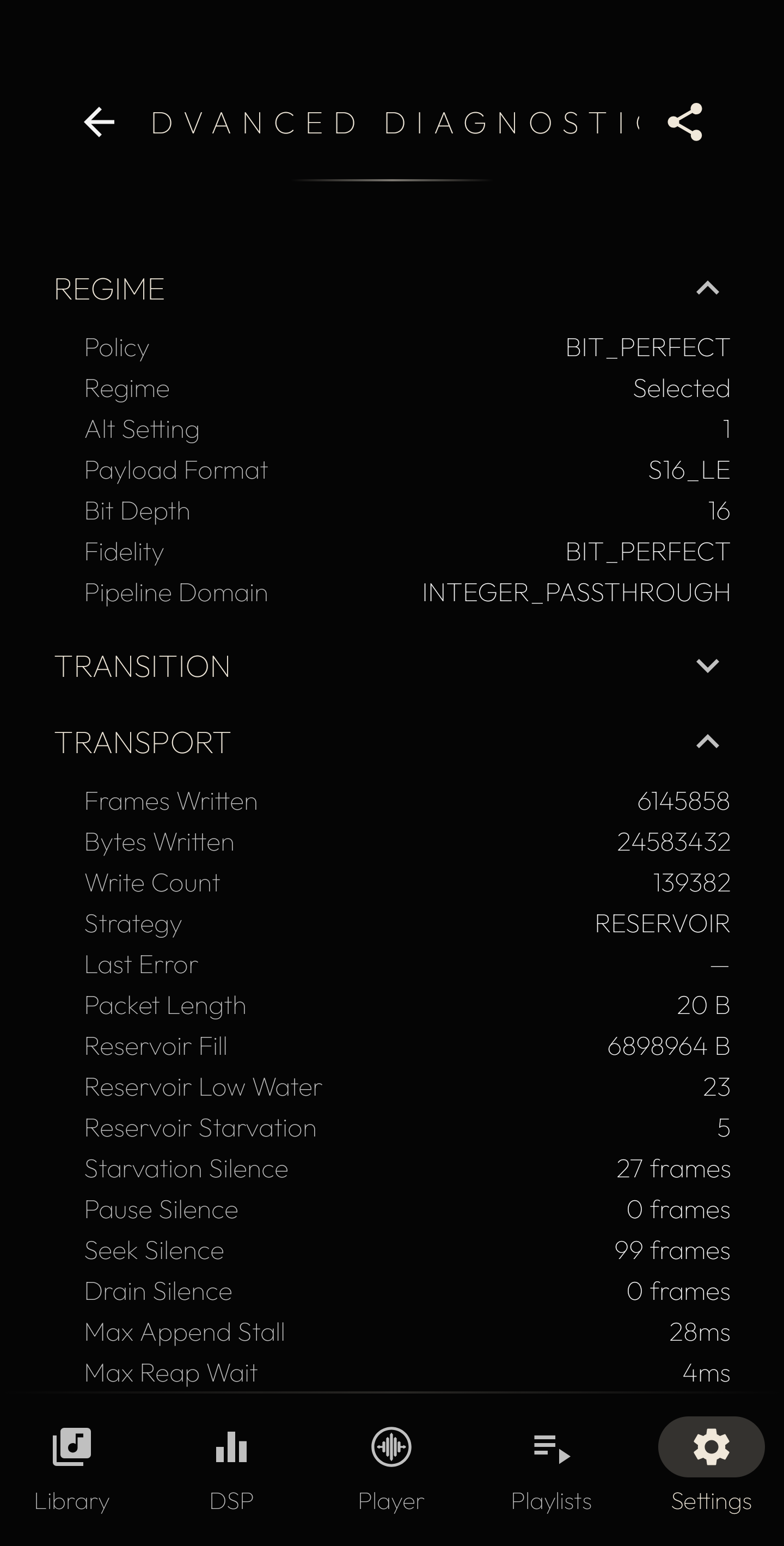 Advanced Diagnostics — runtime engine truth, REGIME and TRANSPORT sections