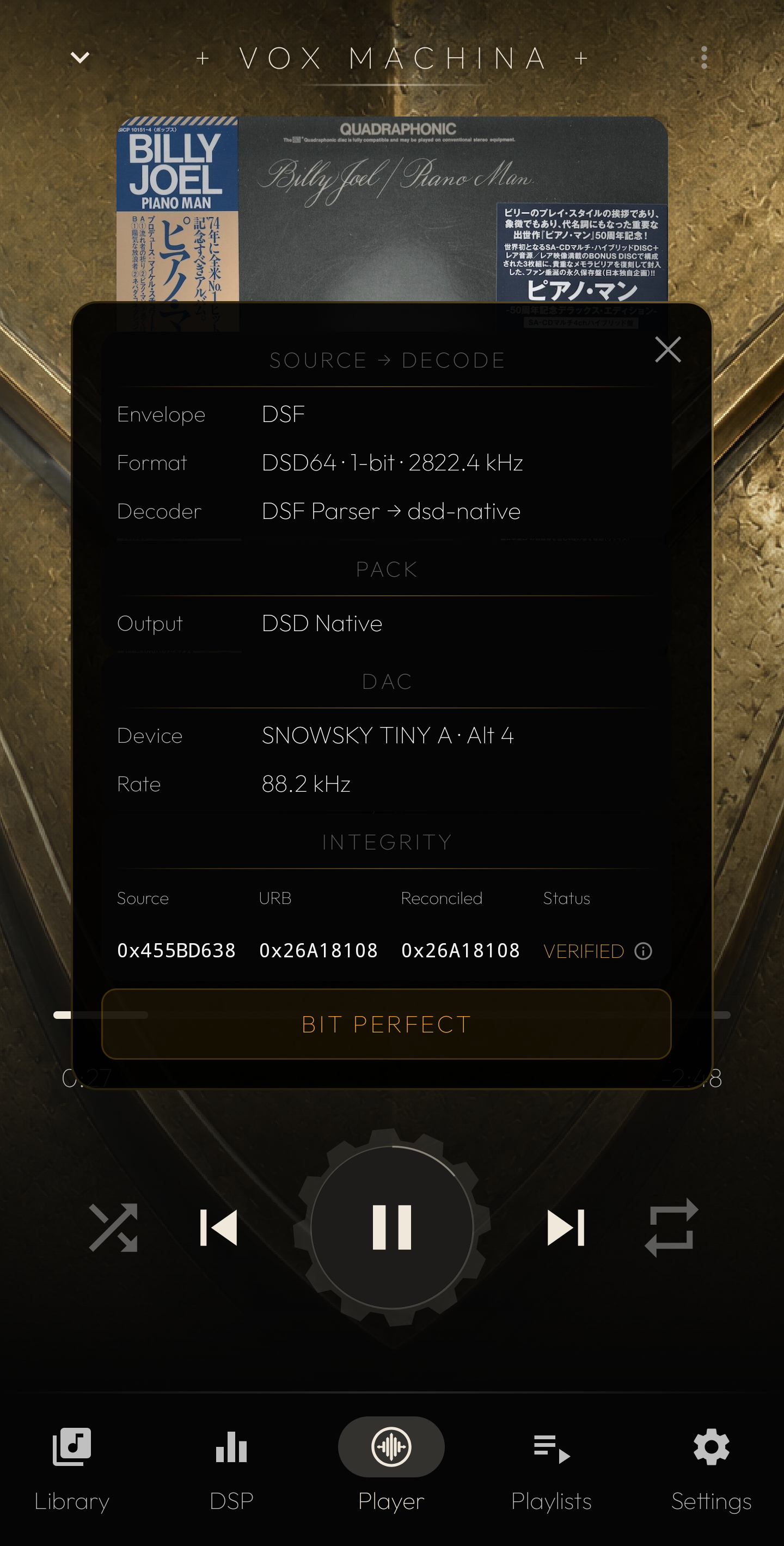 The Pipeline Card — integrity verified on a DSD64 stream