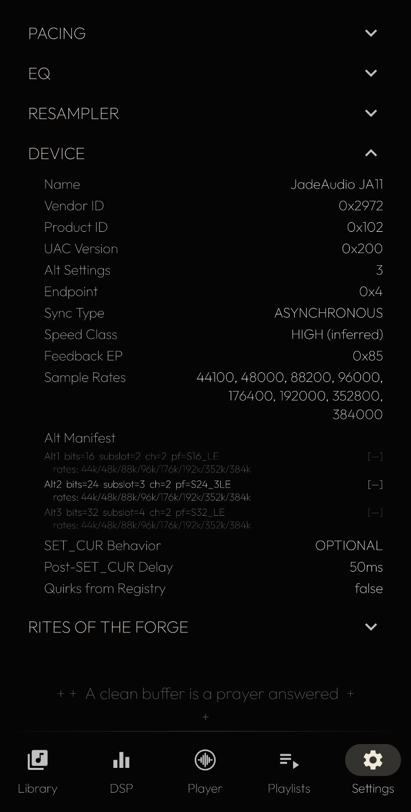 Advanced Diagnostics descriptor for the JadeAudio JA11: three PCM alt settings (16, 24, 32-bit), no native DSD