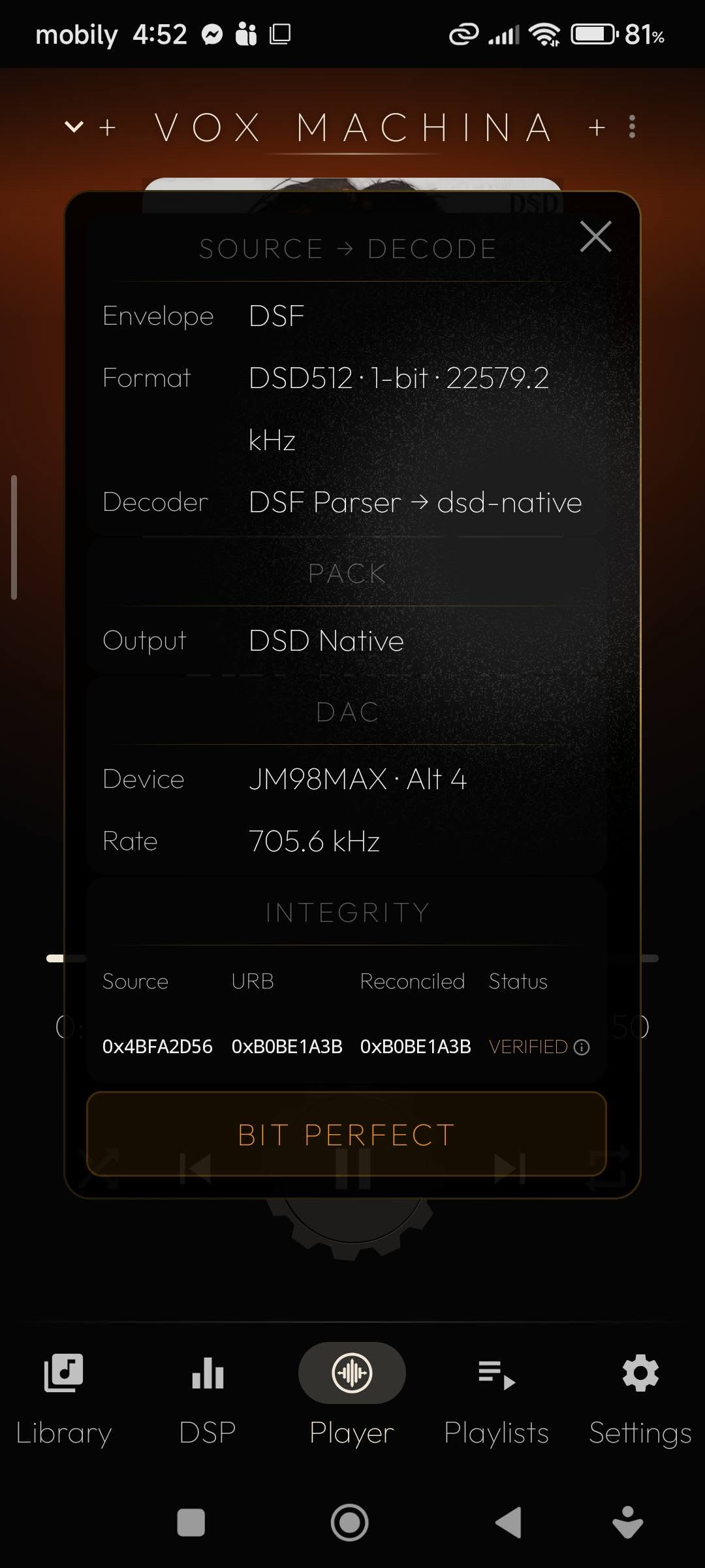 Advanced Diagnostics for the JCALLY JM98MAX: native DSD512 at URB rate 705.6 kHz (packed 22.5792 MHz DSD bitstream), Sealed Witness verified, Bit Perfect