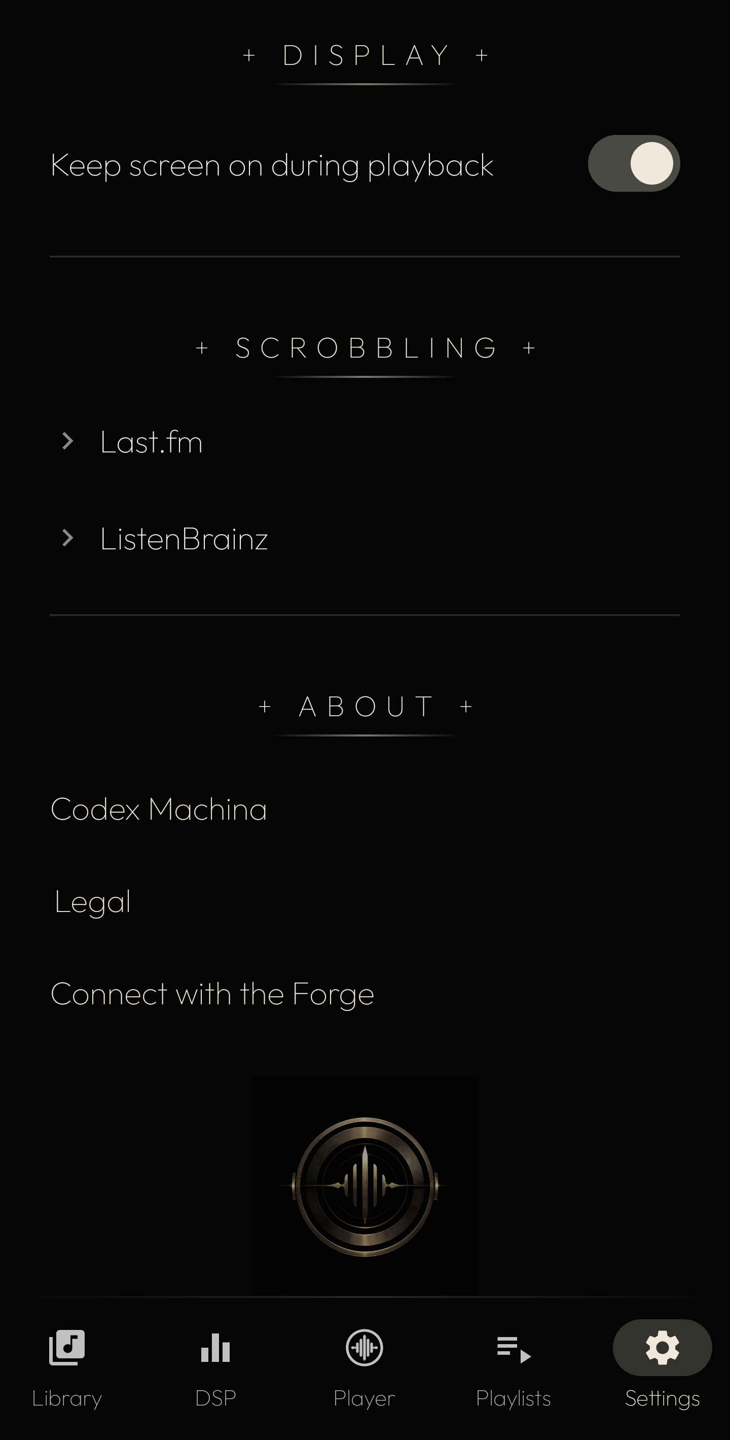 Settings surface showing the Codex Machina entry and the Vox Machina sigil