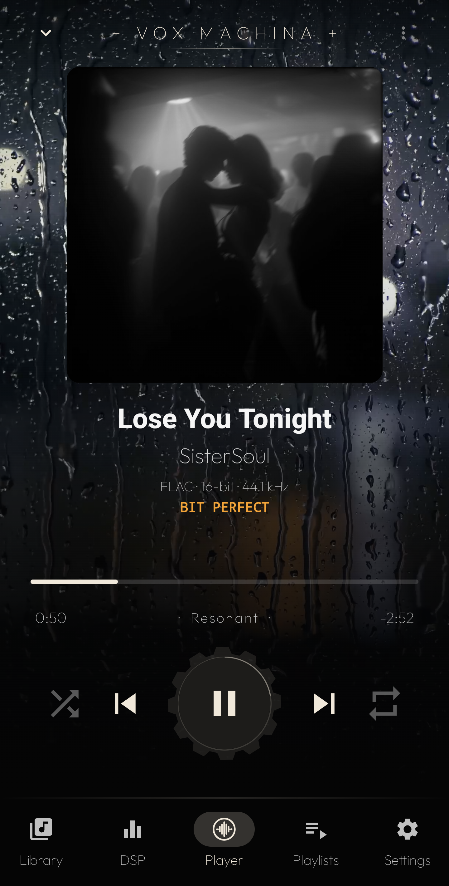 The Player surface — Now Playing with rain ambient